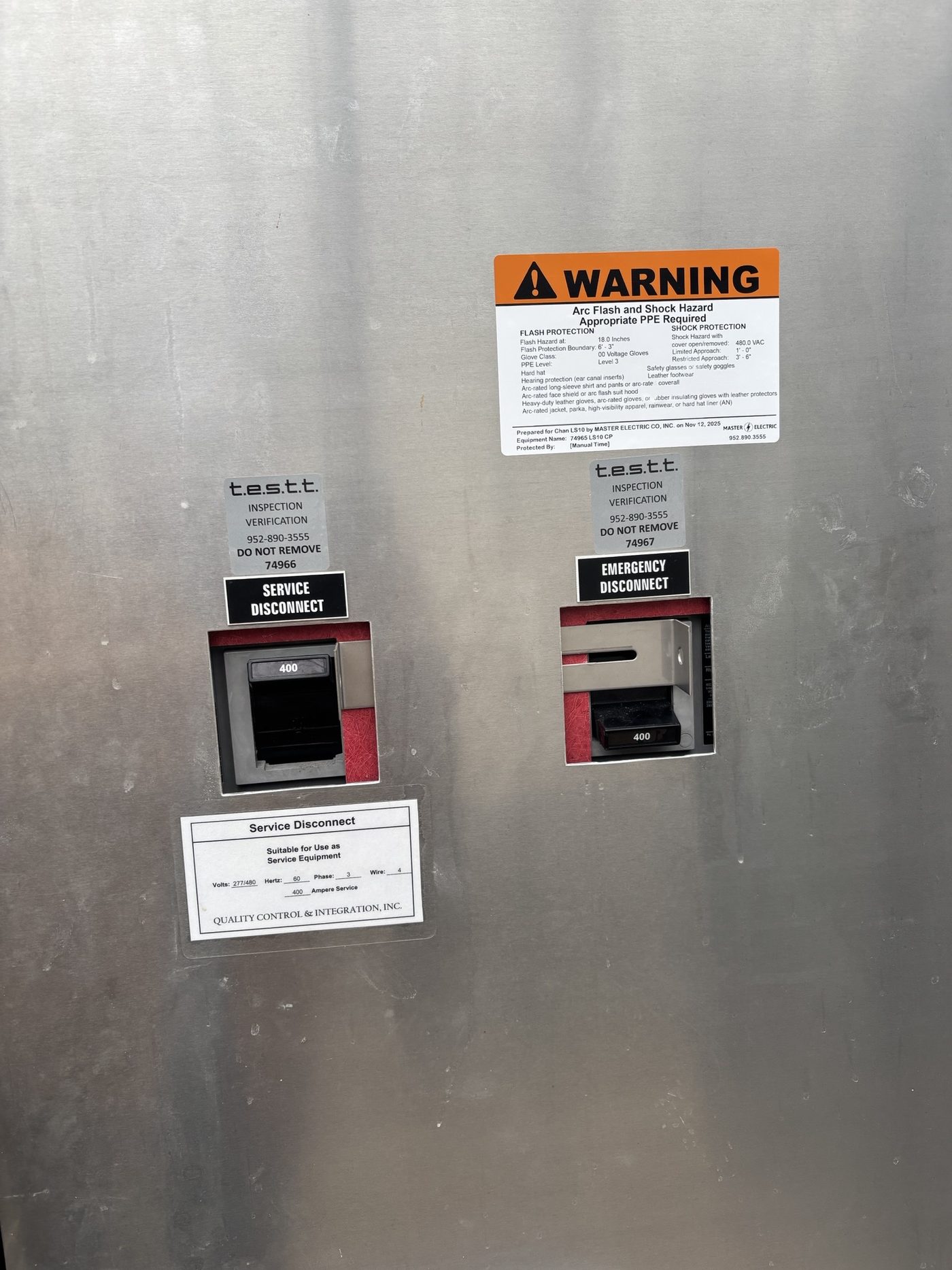 Arc flash equipment label applied during a T.E.S.T.T. study
