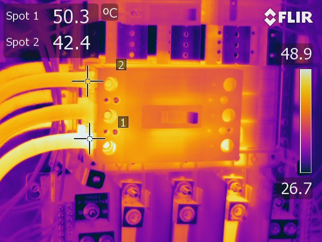 Infrared scan showing a severe hot spot on a breaker termination